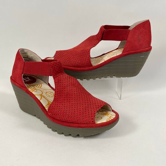 FLY London Yall Open Toe Wedge Sandals YALL962FLY 38 US 7 7.5 Red Leather - Picture 1 of 14
